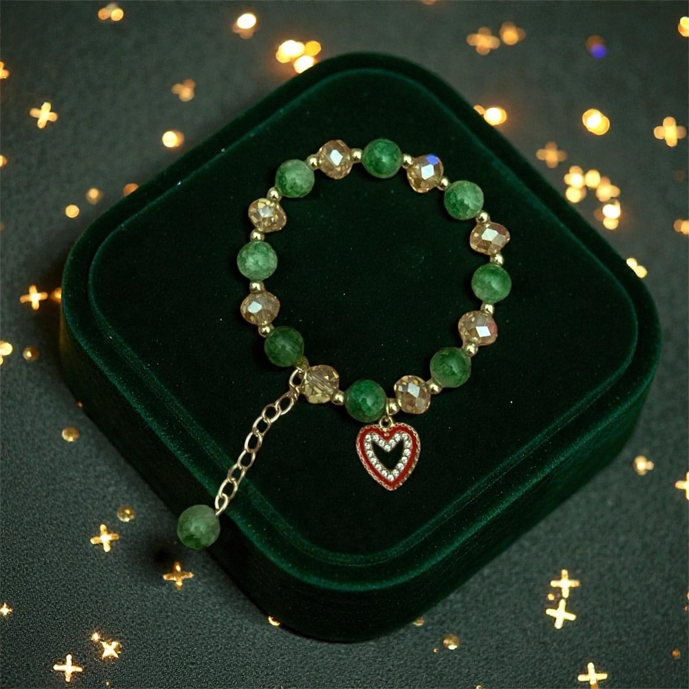 Green Glass Beaded Bracelet with Heart Pendant